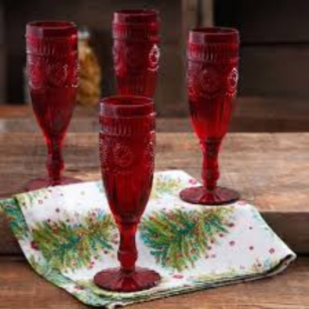Set of 4 Pioneer Woman Adeline Red Champagne Flutes Glasses Vintage Holiday